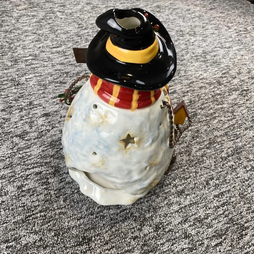 Ceramic Snowman Christmas Tea Light Holder Lantern Let It Snow Cardinal 2007 10